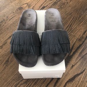 Brunello Cucinelli Suede Monili Slides